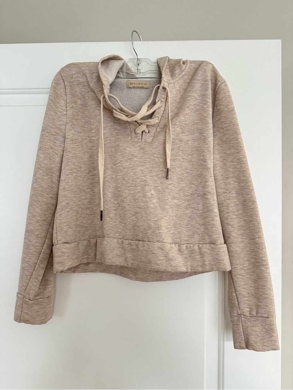 Cozy Lace-Up Hooded Sweatshirt in Neutral Beige